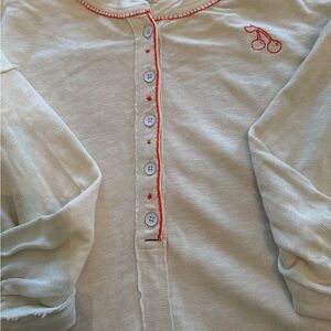 Free People Cream Henley Top with Red Cherry Embroidery, Size Large